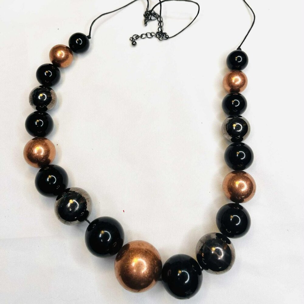 Vintage Hand-Painted Wood Bead Necklace 1980s, Black & Copper, Adjustable 82 cm